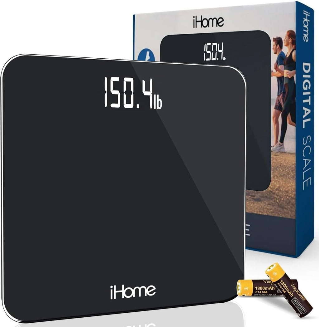 iHome Digital Scale, Bathroom Scale, Batteries Included, Scale Body Weight, Weight Scale, Bathroom Scales for Weight, Digital Scales for Body Weight (Black)