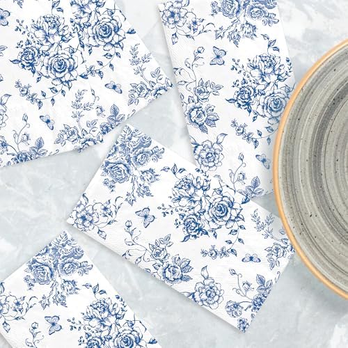 100pcs Blue Floral Napkins Disposable Hand Towels for Bathroom 3 Ply Blue and White Guest Decorative Paper Napkins for Bridal Tea Wedding Birthday Party Supplies Table Decorations
