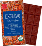 EXOTICCAO 8 Pack Cacao Nibs & Pink Salt Organic Dark Chocolate Bars|Cane Sugar|Gluten-Free, Vegan, Non GMO,Dairy free, Soy Free|70% Cacao|2.47 oz Each