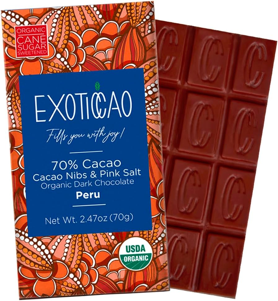 EXOTICCAO 8 Pack Cacao Nibs & Pink Salt Organic Dark Chocolate Bars|Cane Sugar|Gluten-Free, Vegan, Non GMO,Dairy free, Soy Free|70% Cacao|2.47 oz Each