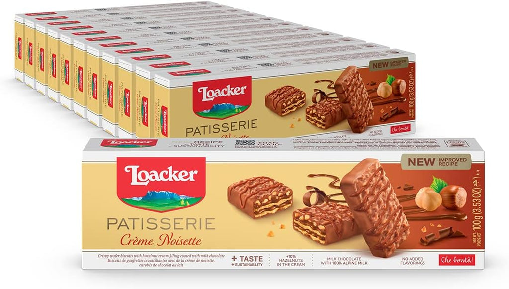 Loacker Patisserie Crème Noisette - Premium Bite Size Milk Chocolate Covered Crispy Wafer Cookies with Hazelnut Cream Filling and toasted Hazelnut pieces - Pack of 12