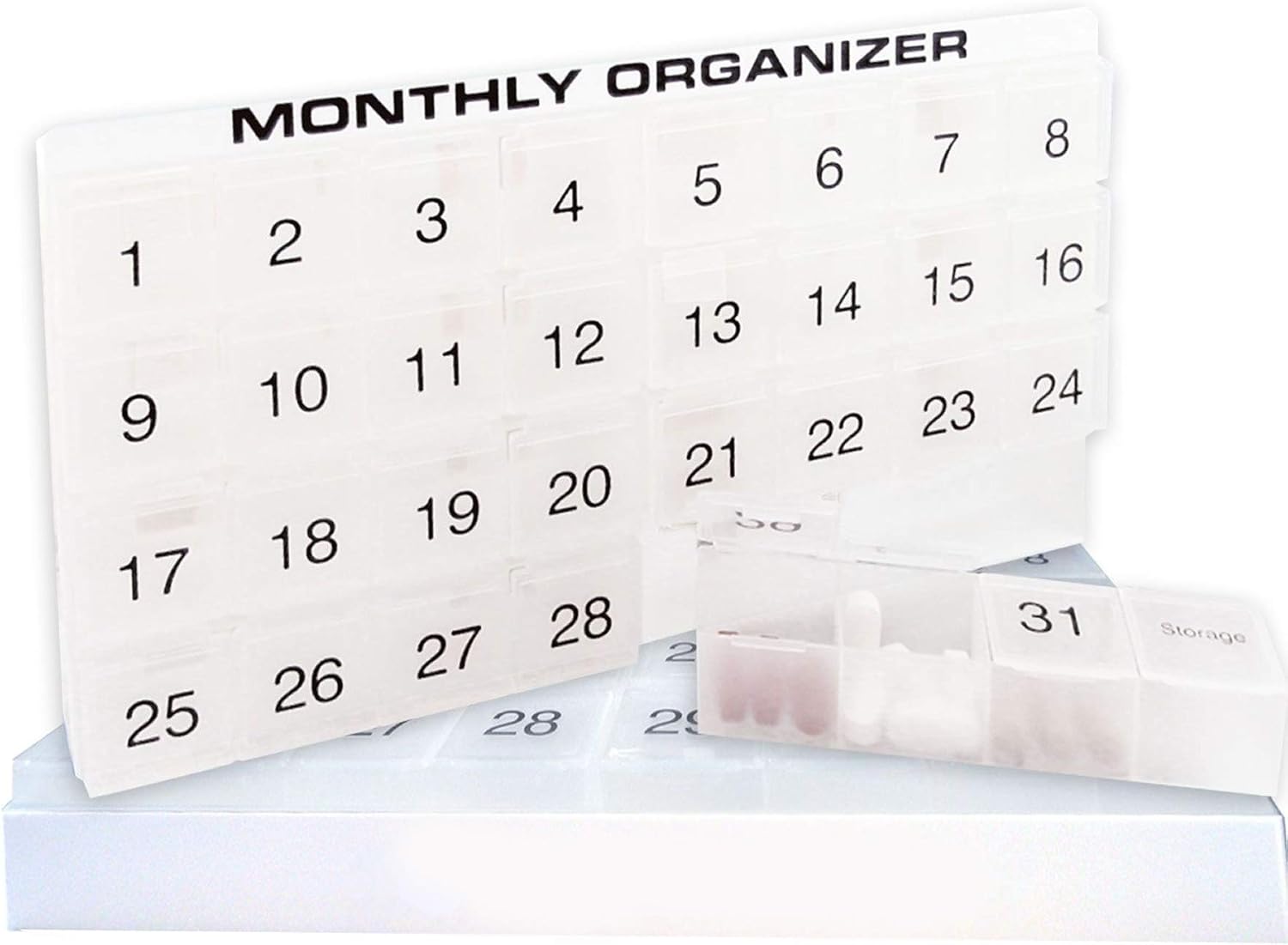 31 compartments, 1 per Day, 4 Week Monthly Pill Organizer by Promed. Includes Tray and 8 Removable compartments. (White)