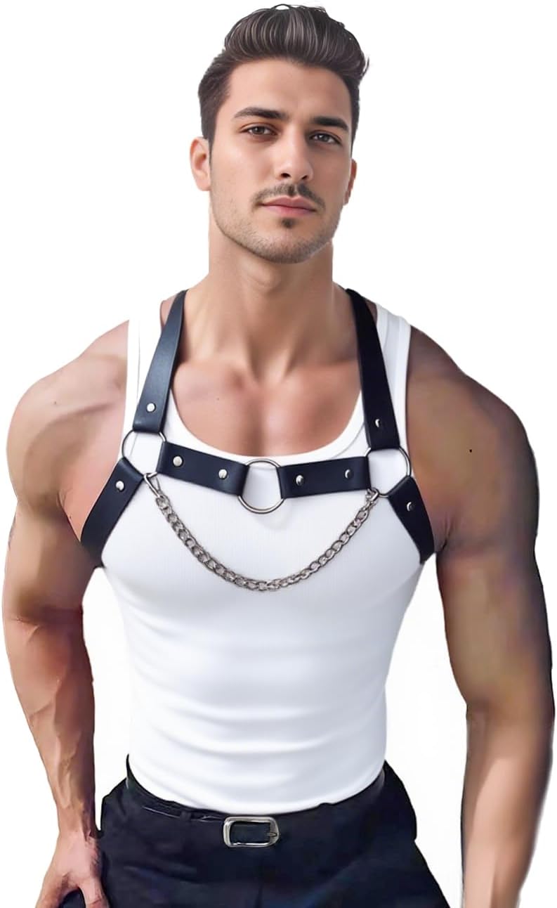 Men's PU Leather Chest Harness Belt with Chain, Adjustable Neck Harness Belt for Men, Male Punk Chest Shoulder Harness for Punk Cosplay, Muscle Show Clubwear Nightclub Stage Party Outfits X025