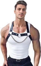 Men's PU Leather Chest Harness Belt with Chain, Adjustable Neck Harness Belt for Men, Male Punk Chest Shoulder Harness for Punk Cosplay, Muscle Show Clubwear Nightclub Stage Party Outfits X025