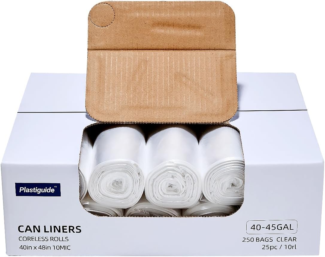 40-45 Gallon Clear Trash Can Liners - 250 Count Bulk, 40'' x 48'', High Density Garbage Bags for Outdoor, Recycling, Commercial, and Industrial Use