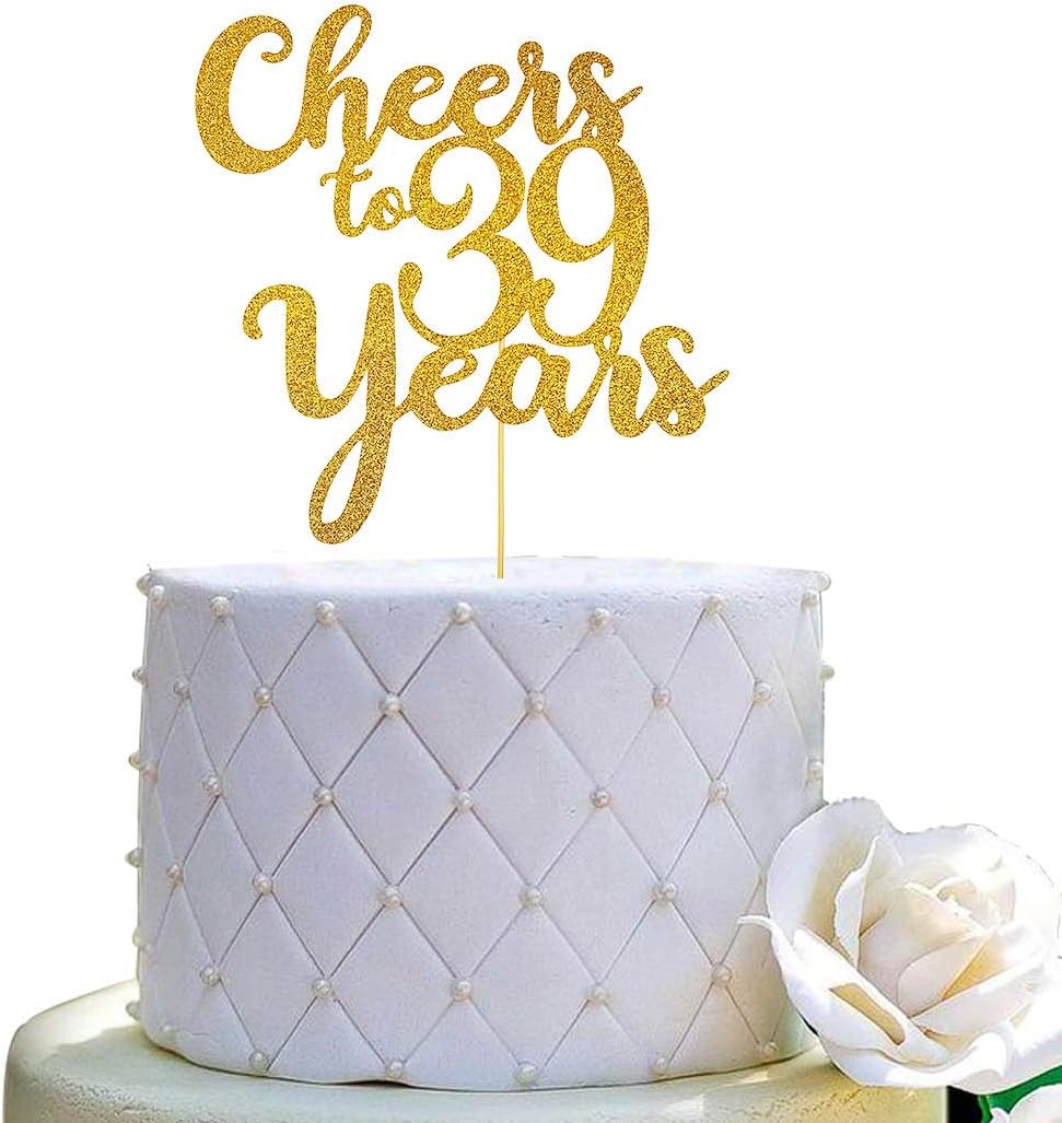 Cheers to 39 Years Cake Topper - 39th Birthday/Anniversary Party Decorations - Double-faced Gold Glitter