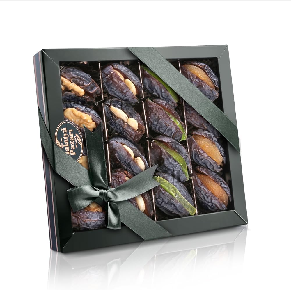 Malatya Pazari Mixed Stuffed Dates Gift Box – Medjool Dates Filled with Nuts & Dried Fruit – Gourmet Healthy Snack & Premium Gift Box, Unique Sweets, Halal, 14.1 Oz (400g)