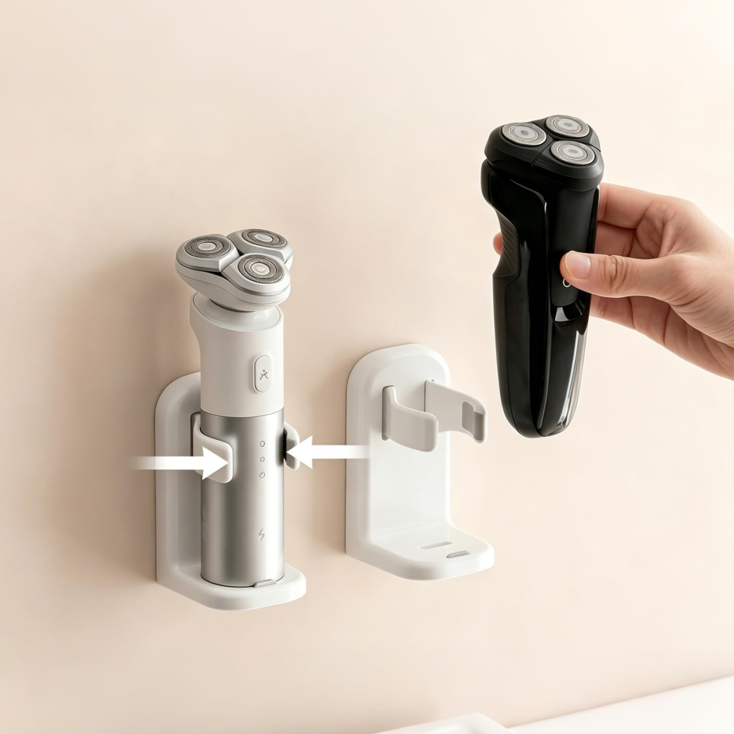 Electric Razor Holder Wall Mount, Self-Adhesive Shaver Holder with Adjustable Clip Organizer Hook Waterproof Storage Rack for Bathroom (1pcs Electric Model,White)