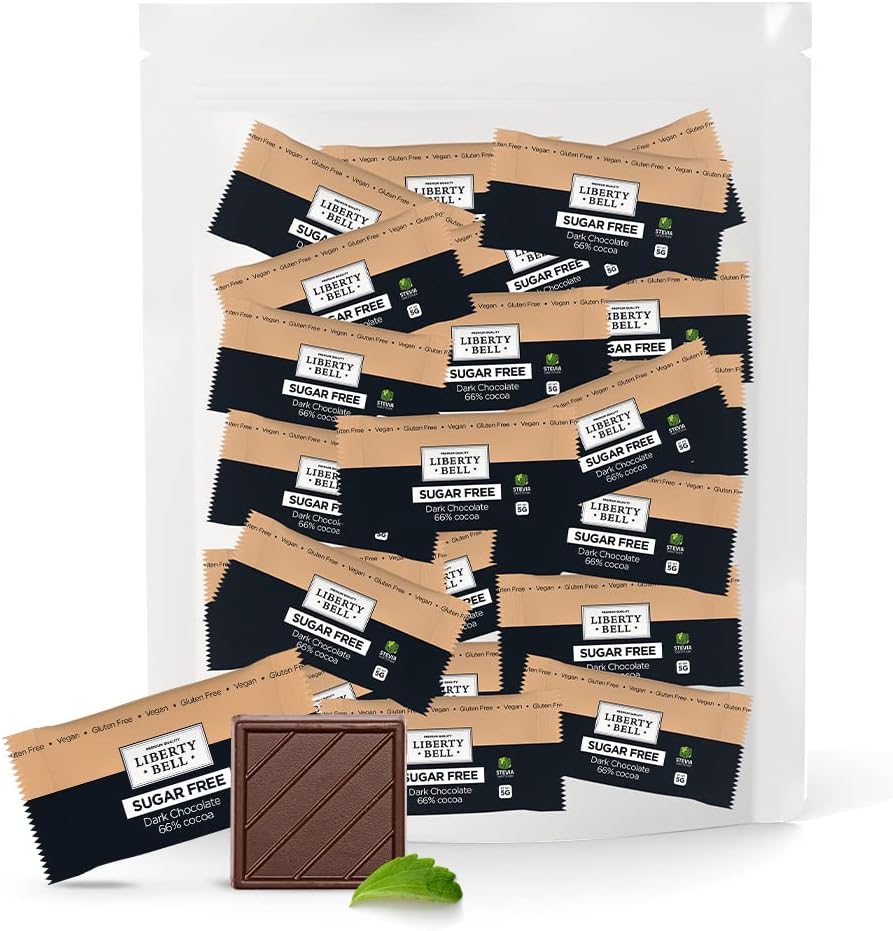 Zero Sugar Dark Chocolate Squares 66% Cocoa, Vegan, Gluten-Free, Stevia Sweetened Candy Bars, 45 Count