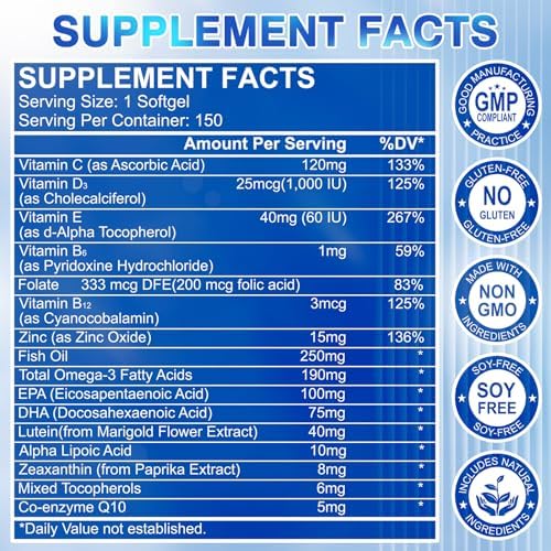 Lutein and Zeaxanthin Supplement - AREDS 2 Plus+ Eye Vitamins, 40 mg Lutein & 8 mg Zeaxanthin with Vitamins C, E, Zinc, Omega-3 & CoQ10 for Blue Light Protection, Eye Health Support - 150 Softgels