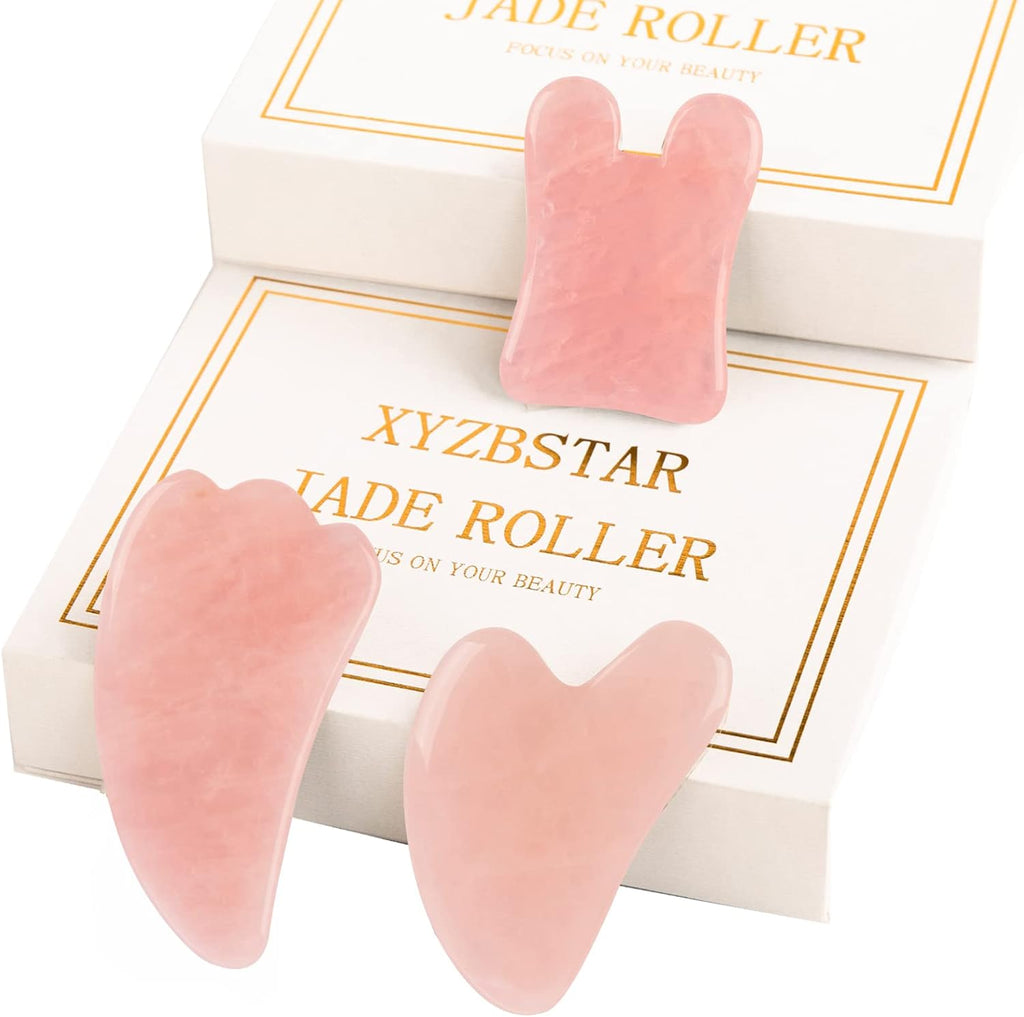 Gua Sha Facial Tools Set of 3 Guasha Massage Tool Rose Quartz Gua Sha Scraping Tool for Face,Neck, Eyes and Body,Jade Stone Guasha Board Pack of 3 (Pink)