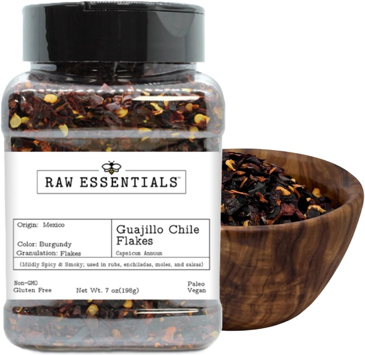 Raw Essentials Guajillo Chile Flakes – Smoky & Mildly Spicy Mexican Pepper for Authentic Flavor – Use in Rubs, Enchiladas, Moles, Salsas & Stews – Non-GMO, Gluten-Free, Paleo, Vegan – 7 Ounce Bottle