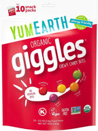 YumEarth Organic Giggles Chewy Candy - Allergy Friendly (Top 9 Free), No Artificial Dyes, Non GMO, Gluten Free, Vegan - Individually Wrapped Fruity Snack Packs - 0.5 Ounce (Pack of 10)