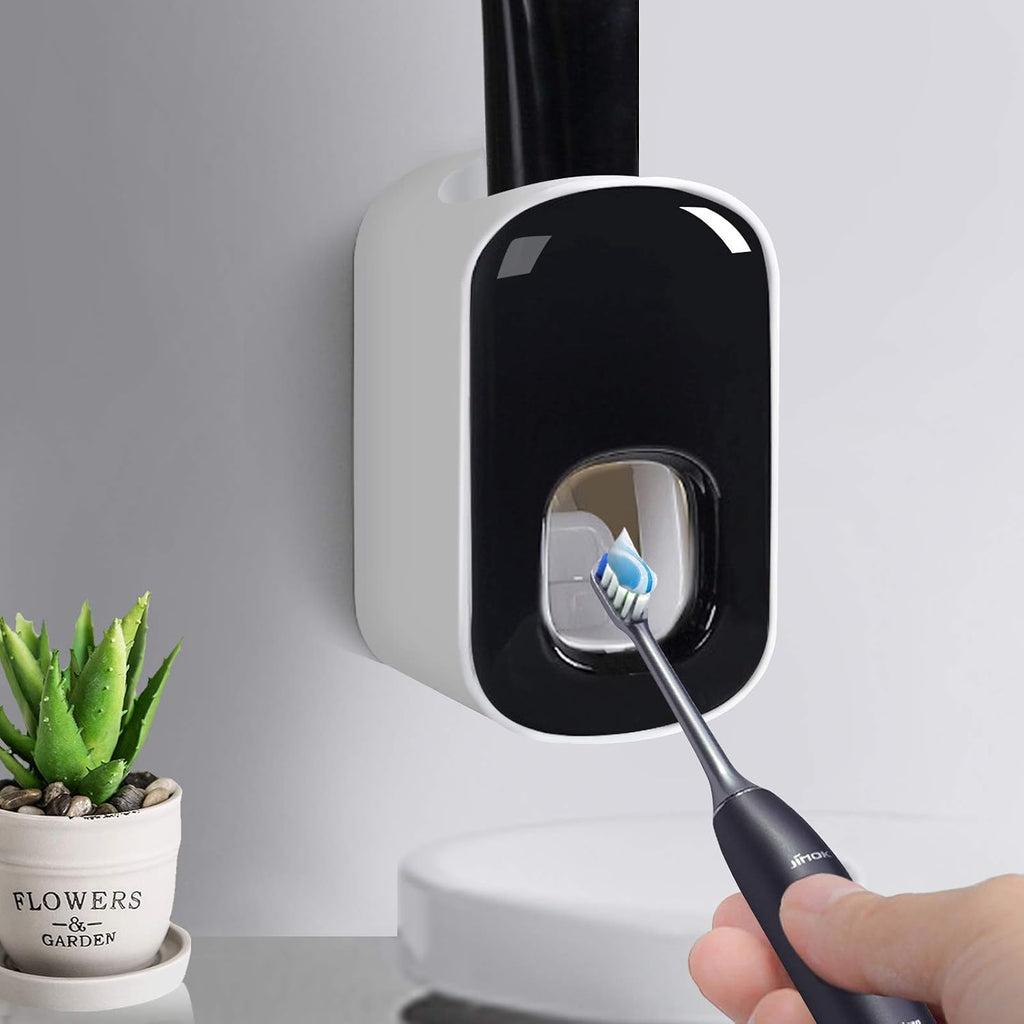 Toothpaste Dispenser,Automatic Toothpaste Squeezer Fit for Kids and Adults,Hands Free Wall Mounted Toothpaste Holder With Self-stick Sticker,Punch-Free Toothpaste Squeezer For Famliy Bathroom(Black)