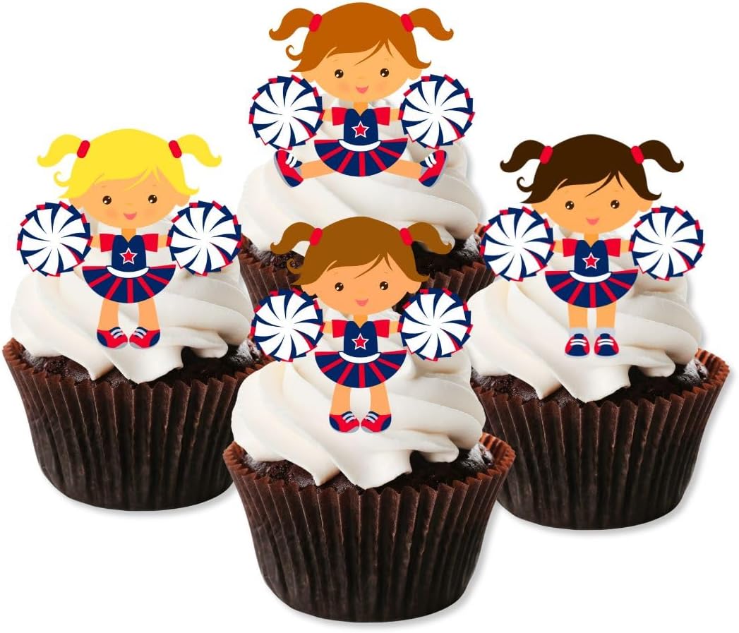 Cheerleader Edible Cupcake Toppers, Cheer Edible Cake Decorations, Cheerleading Cake Toppers, Pom Pom Cheer Team Cookie Decorations 2inch / 5cm Wafer Card UNCUT, no. 2 (12)