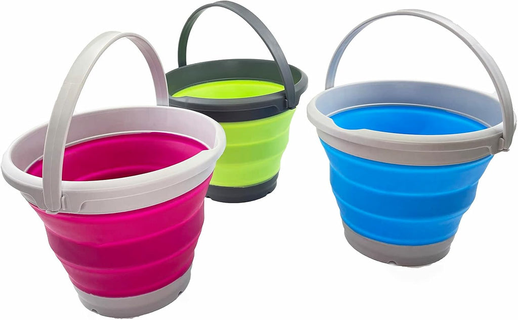 SAMMART 5.5L (1.4 Gallon) Collapsible Plastic Bucket - Foldable Round Tub - Portable Fishing Water Pail - Space Saving Outdoor Waterpot (Sky Blue + Flamingo + Grass Green (Set of 3))