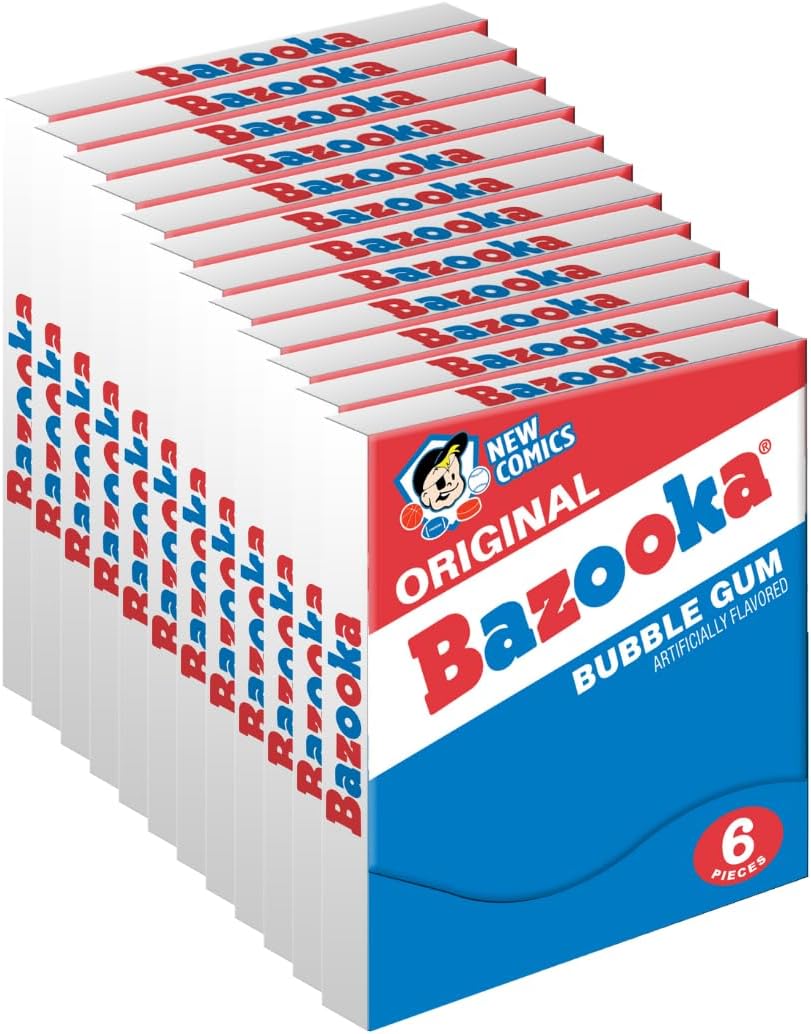 Bazooka Bubble Gum Bulk Individually Wrapped Original Pink Chewing Gum Mini Wallet Packs, 6 Piece Pack (12 Ct) Pink w/Bazooka Joe Comic Wrapper, Baseball Party Favors, Nostalgic 90s Candy