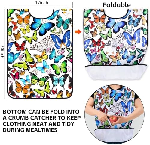 XKDOUS 3 Pack Waterproof Adult Bibs for Men & Women, Reusable Dining Clothing Protector with Optional Crumb Catcher Pocket, Machine Washable Eating Bib for Elderly, Gifts for Mom/Dad