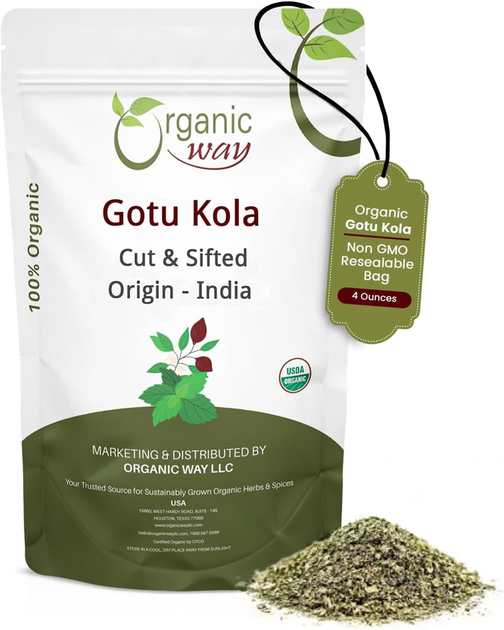 Organic Way Dried Gotu Kola Cut & Sifted (Centella asiatica) - Kosher & USDA Certified | Vegan, Non-GMO & Gluten Free | Tested for Heavy Metal | Resealable Bag | 100% Raw from India (1/4LBS / 4Oz.)
