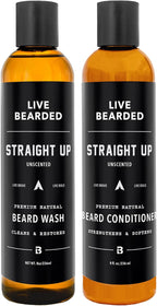 Live Bearded Beard Wash & Conditioner Kit for Men - Deep Cleansing Shampoo and Hydrating Softener, Natural Water-Based Formula, 8 oz | Straight Up - Fragrance-Free