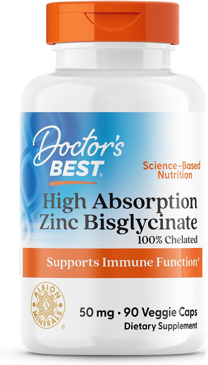 Doctor's Best High Absorption Zinc Bisglycinate 50mg High Potency Supporting Enhancing Immune System Antioxidant VC, 90 Count