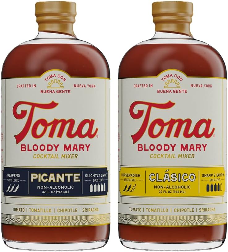 Toma Bloody Mary Mix, Premium Cocktail Mixers for Simple At-Home Hosting for Brunch and Events, All-Natural, Gluten Free, Vegan, No Added Preservatives, PICANTE/CLASICO 32oz (Spicy/Medium), Pack of 2