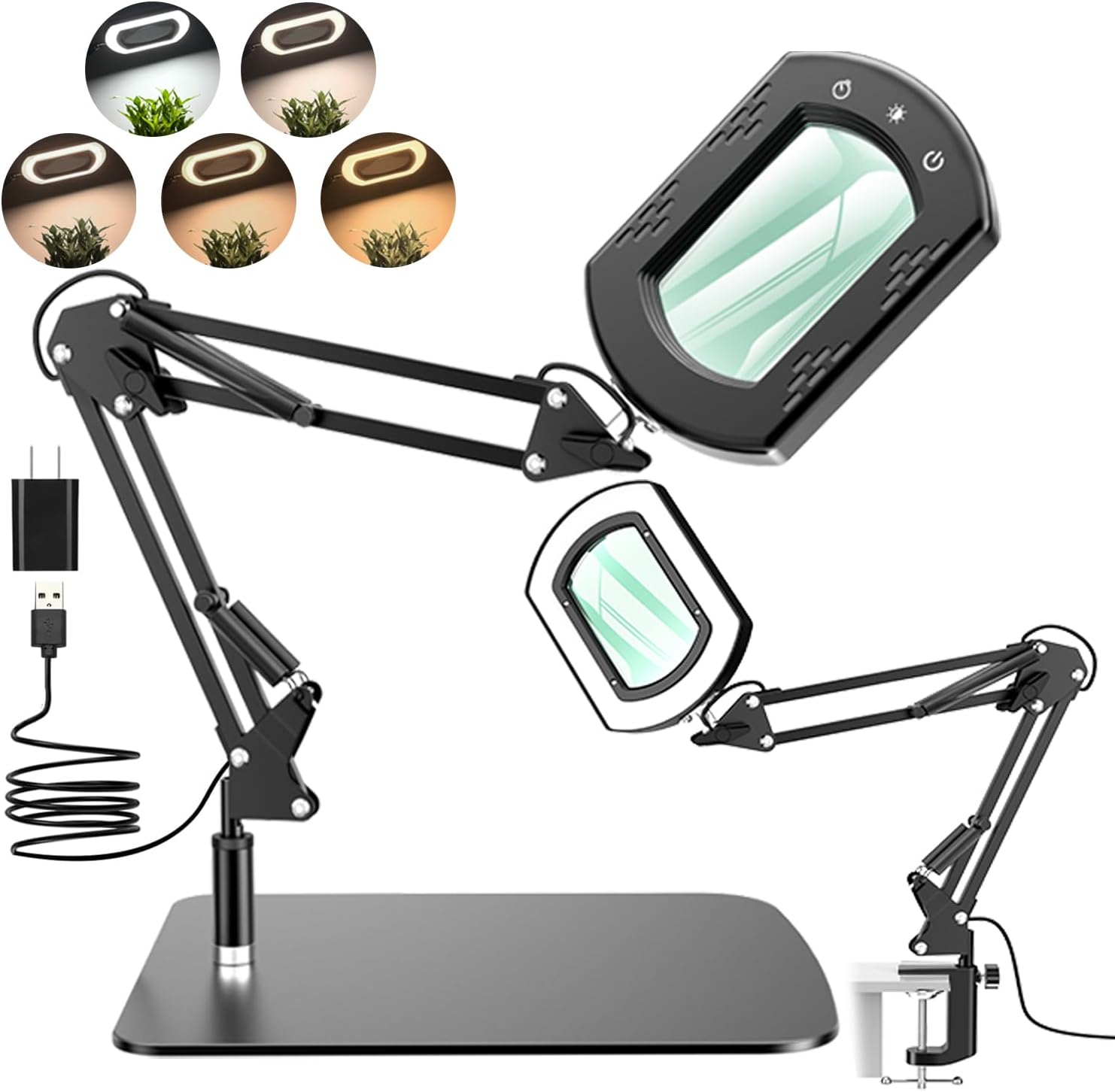 15X Rectangle Magnifying Glass with Light and Stand, Hands-Free Real Glass Lighted Magnifier, Touch Control 5 Color Modes Stepless Dimmable, 2-in-1 LED Desk Lamp with Clamp for Close Work, Reading