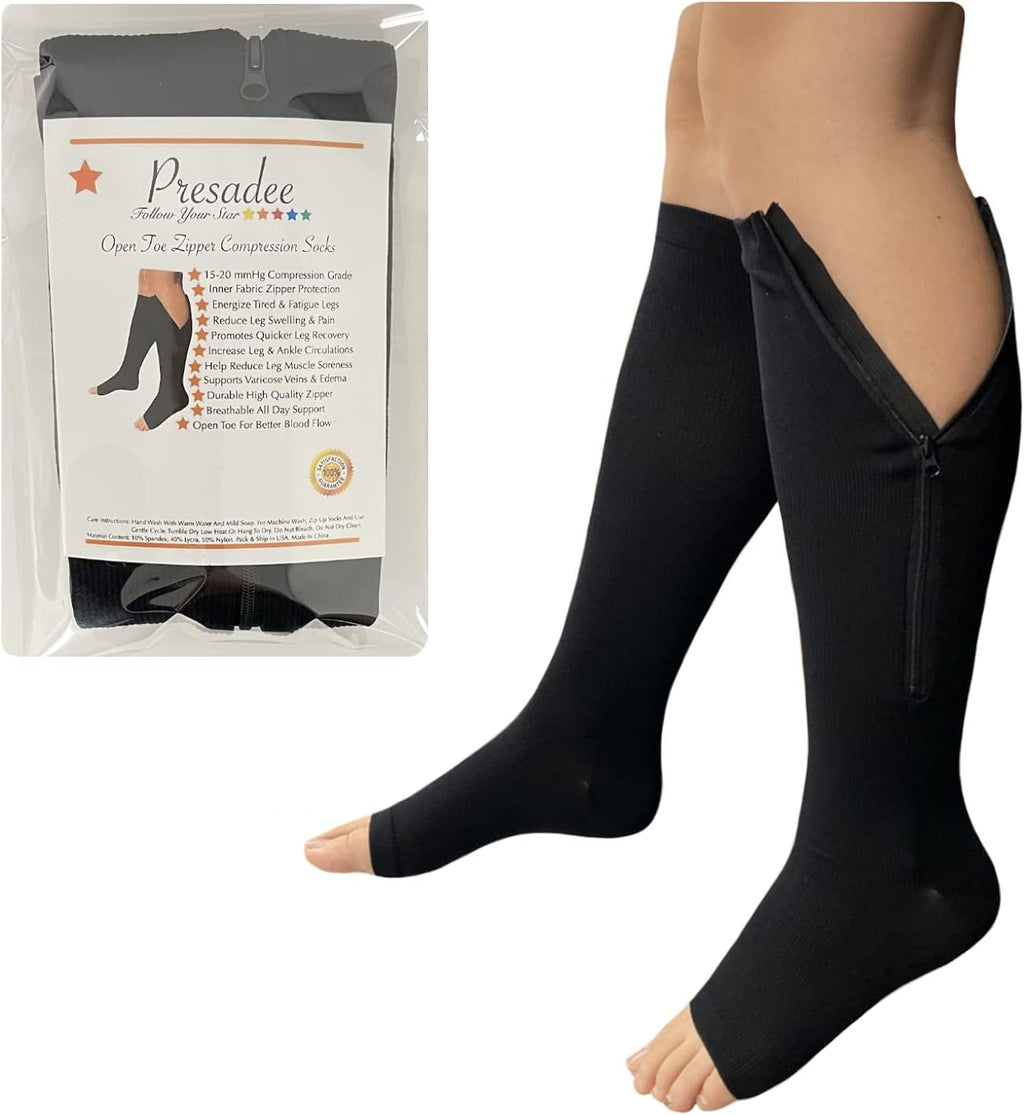Presadee Open Toe 15-20 mmHg Moderate Compression Leg Calf Swelling Zipper Sock