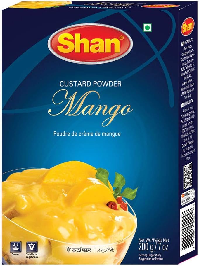 Shan Custard Powder Mango 7 oz (200g) - Poudre de Crème de Mangue - Essential Dessert for any Occasion - Suitable for Vegetarians - Airtight Bag in a Box