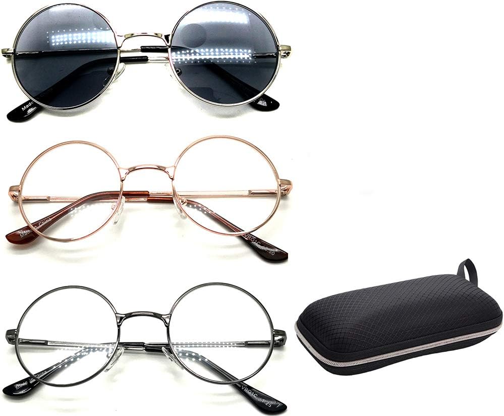 BillieJoe Round Circle Oval Metal Reading Glasses Wired Sun Readers (3 PACK) for Men Women Spring Hinged Tinted Lenses