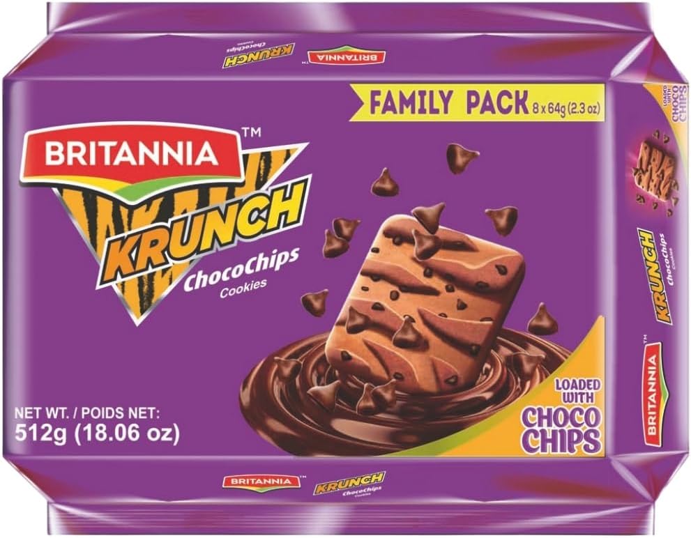 Britannia Chocochip Crunchy Cookies 512g | Kids Lunchbox Snack | Chocolate Chip Biscuits Family Pack 18.06oz | Vegetarian School Snack | Tea Time Treat