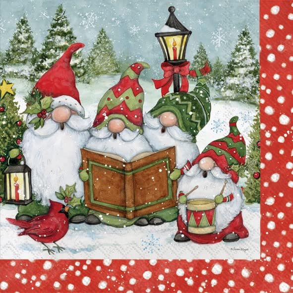 IHR Ideal Home Range Cocktail Napkins Disposable 3-Ply Paper Party Napkin Pack, 5" x 5", Gnome Carolers, 20-Count