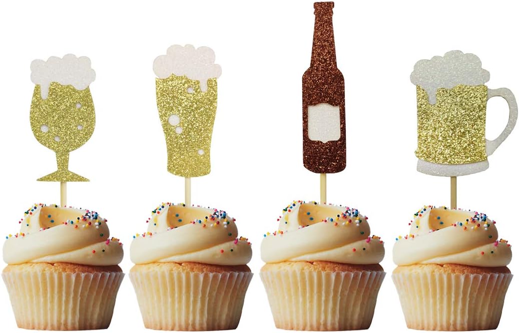 Morndew 24 PCS Goblet Beer Glass Champagne Cheers Cupcake Toppers for Festival New Year Party Celebration Party Birthday Party Wedding Party Decorations