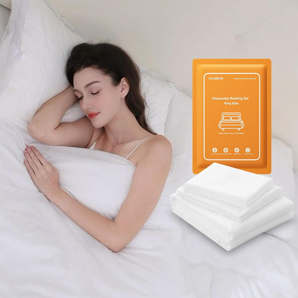 4 PCS Disposable Bed Sheet King Size, Disposable Bed Sheet for Hotel Bedding Cover Travel Disposable Portable Sheet with 1 Quilt Cover and 2 Pillowcase for Travel Business Trip Spa Hotel
