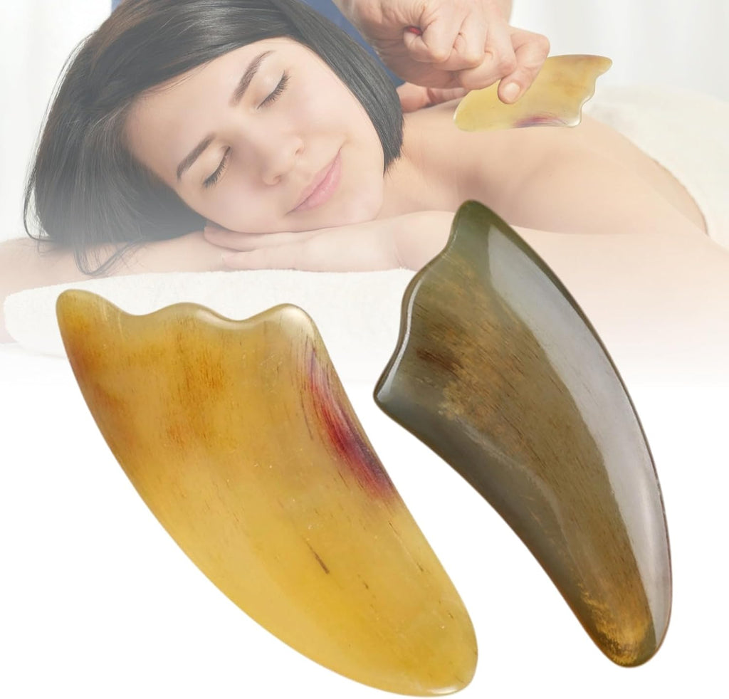 Gua Sha Scraping Massage Tool, Natural Horn Guasha Tool for Face and Body Skin Care, Gua Sha Scraping Board Deep Tissue Massager Muscle Relief Scraper for Jawline Sculpting Puffiness Reducing (2PC)