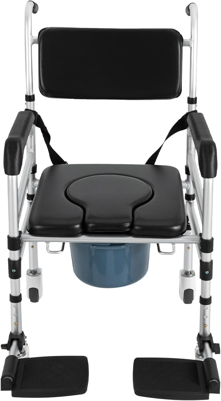 Shower Chair with Wheels, Rolling Bedside Commode Chair with Arms for Seniors, Height Adjustable Foldable Shower Commode Toilet Wheelchair with Footrests & Bucket for Adults Elderly Disabled