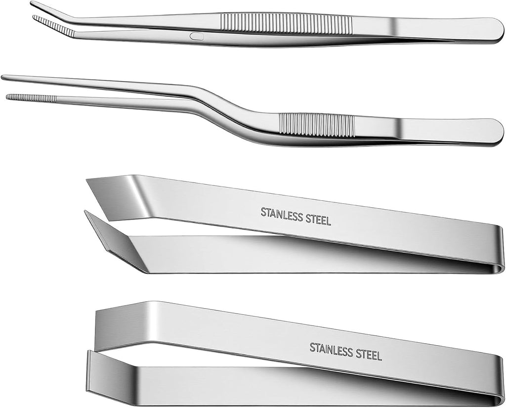 Ymapinc Fish Bone Tweezers Set, 4 Pieces Stainless Steel Food Cooking Tweezers to Remove Bones and Scales, Kitchen Tongs with Ergonomic Handles (Silver)