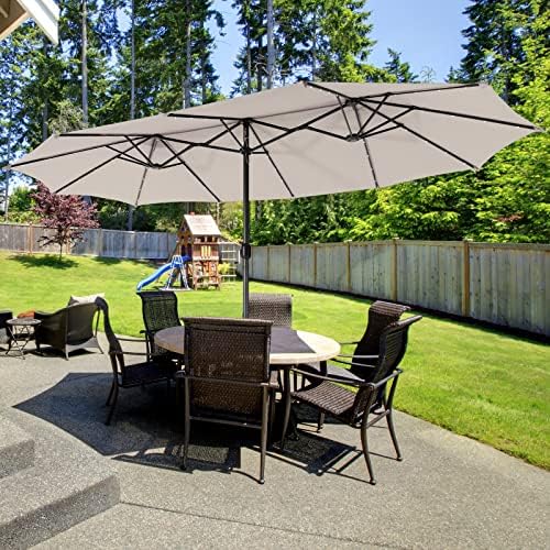 Giantex 15ft Large Outdoor Umbrella Double-Sided, 48 Solar Lights, Auto-Charging Solar Panel, Extra Large Patio Umbrella with Base and Crank, Outdoor Market Umbrellas for Poolside Garden