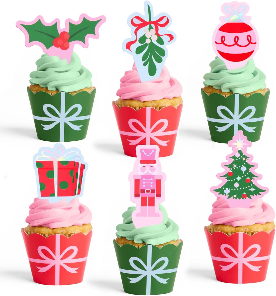 xo, Fetti Christmas Cupcake Toppers + Wrappers - Set of 24 | Kids Cake Decoration, Xmas Party Decor, Holiday Supplies, Winter Dessert Accessory