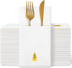 Whaline 100 Pcs Christmas Tree Linen Feel Napkins with Built-in Flatware Pocket Gold Foil Pine Tree Disposable Paper Napkins for Xmas Holiday Party Dinner Table Supplies