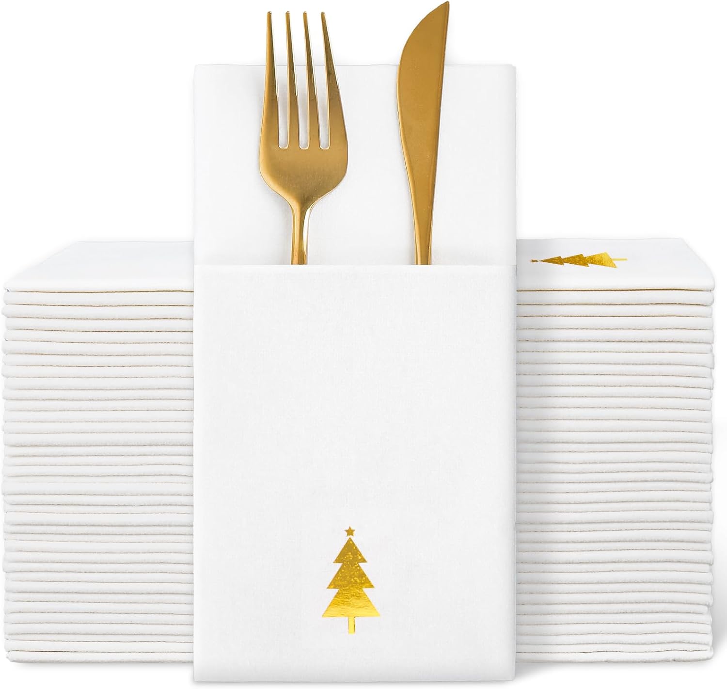 Whaline 100 Pcs Christmas Tree Linen Feel Napkins with Built-in Flatware Pocket Gold Foil Pine Tree Disposable Paper Napkins for Xmas Holiday Party Dinner Table Supplies