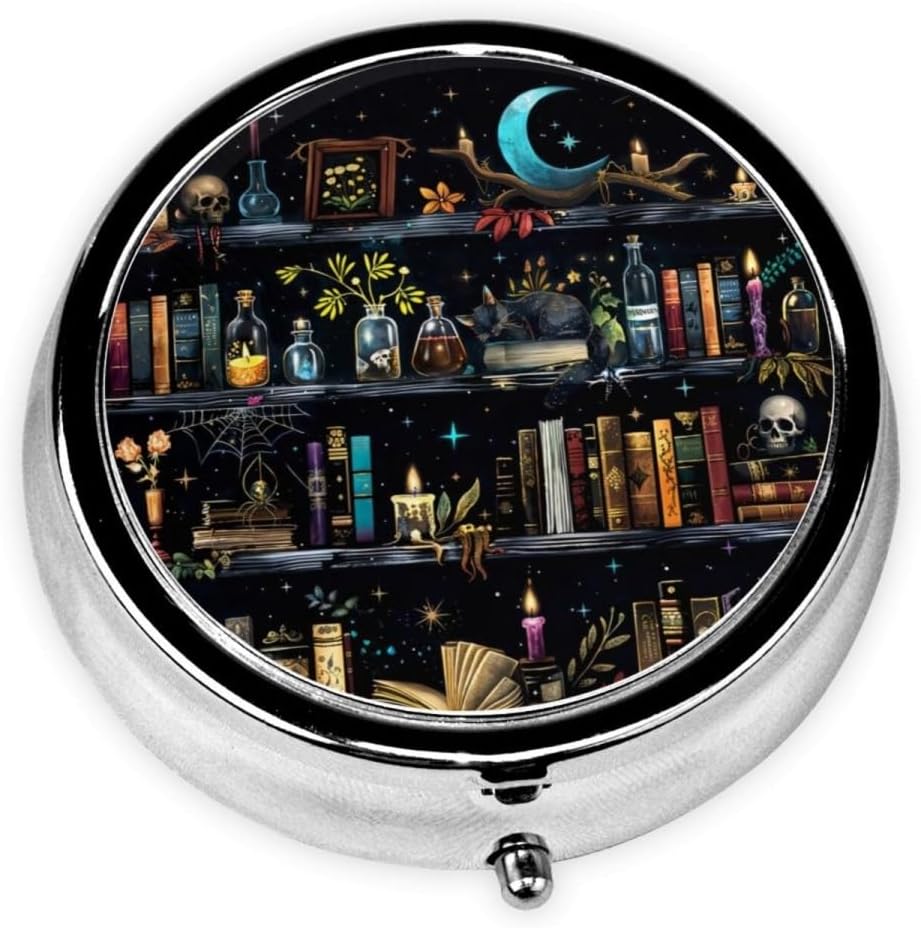 Pill Organizer 3 Compartment Goth Mini Metal Pill Holder, Travel Portable Small Pill Case Pocket for Old Man Woman Man - Bookshelves Skulls