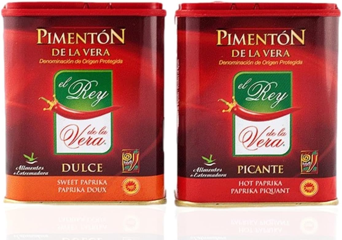 Artisan Spanish smoked paprika, Pimenton from La Vera region. Hot and Sweet. Set of 2 tins.