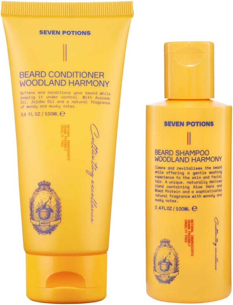 SEVEN POTIONS Beard Shampoo and Beard Conditioner Duo Bundle - Cleanses and Softens Your Beard - Natural, Vegan Beard Wash and Softener - Woodland Harmony (3.4FL OZ)