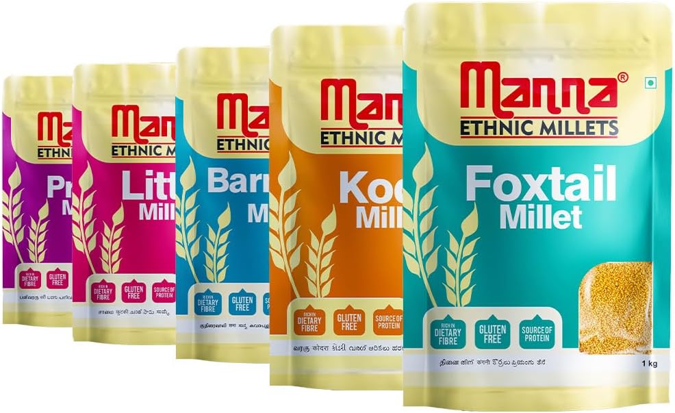 Manna Millets 5kg - Natural Grains Combo Pack of 5 Foxtail 1kg, Kodo 1kg, Little 1kg, Barnyard 1kg, Proso 1kg