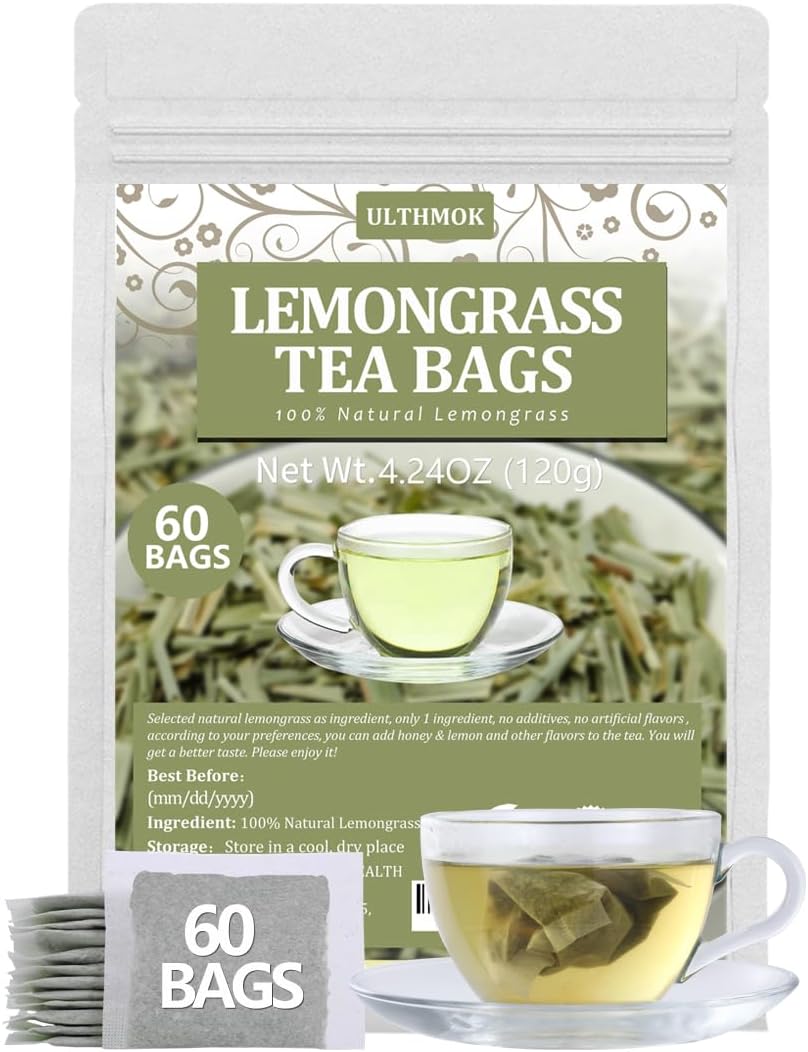 60 Premium Lemongrass Tea Bags, Made with 100% Natural Lemon grass, Perfect for Relaxation and Wellness, No Additives & Caffeine Free.