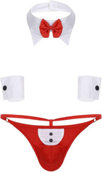 dPois Mens Sexy Waiter Cosplay Costume Teddy Lingerie Set Tuxedo Briefs Bowtie Collar and Cuff Outfits