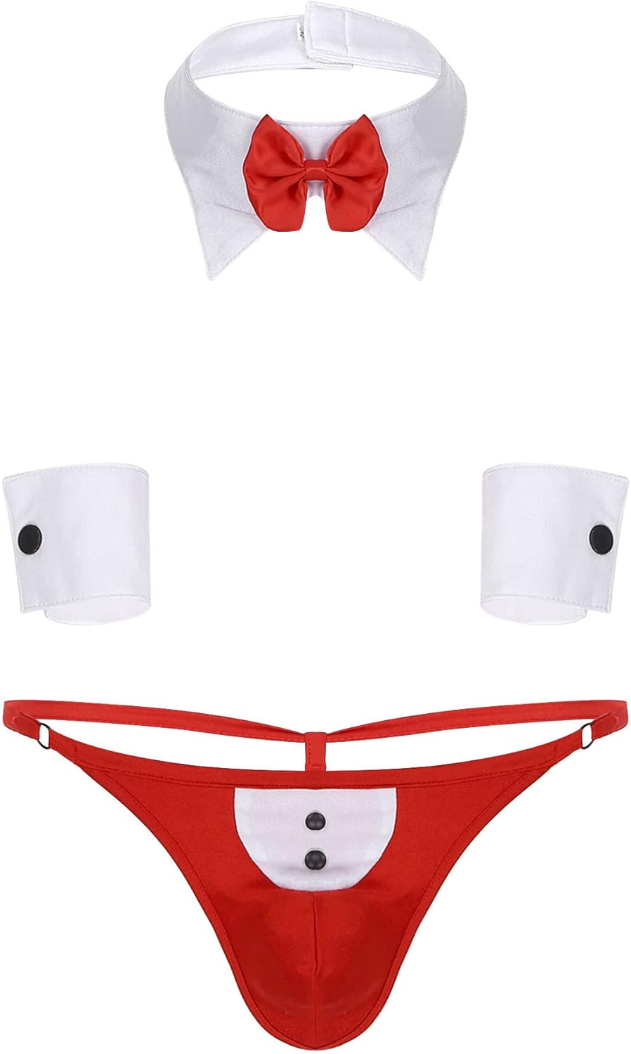 dPois Mens Sexy Waiter Cosplay Costume Teddy Lingerie Set Tuxedo Briefs Bowtie Collar and Cuff Outfits