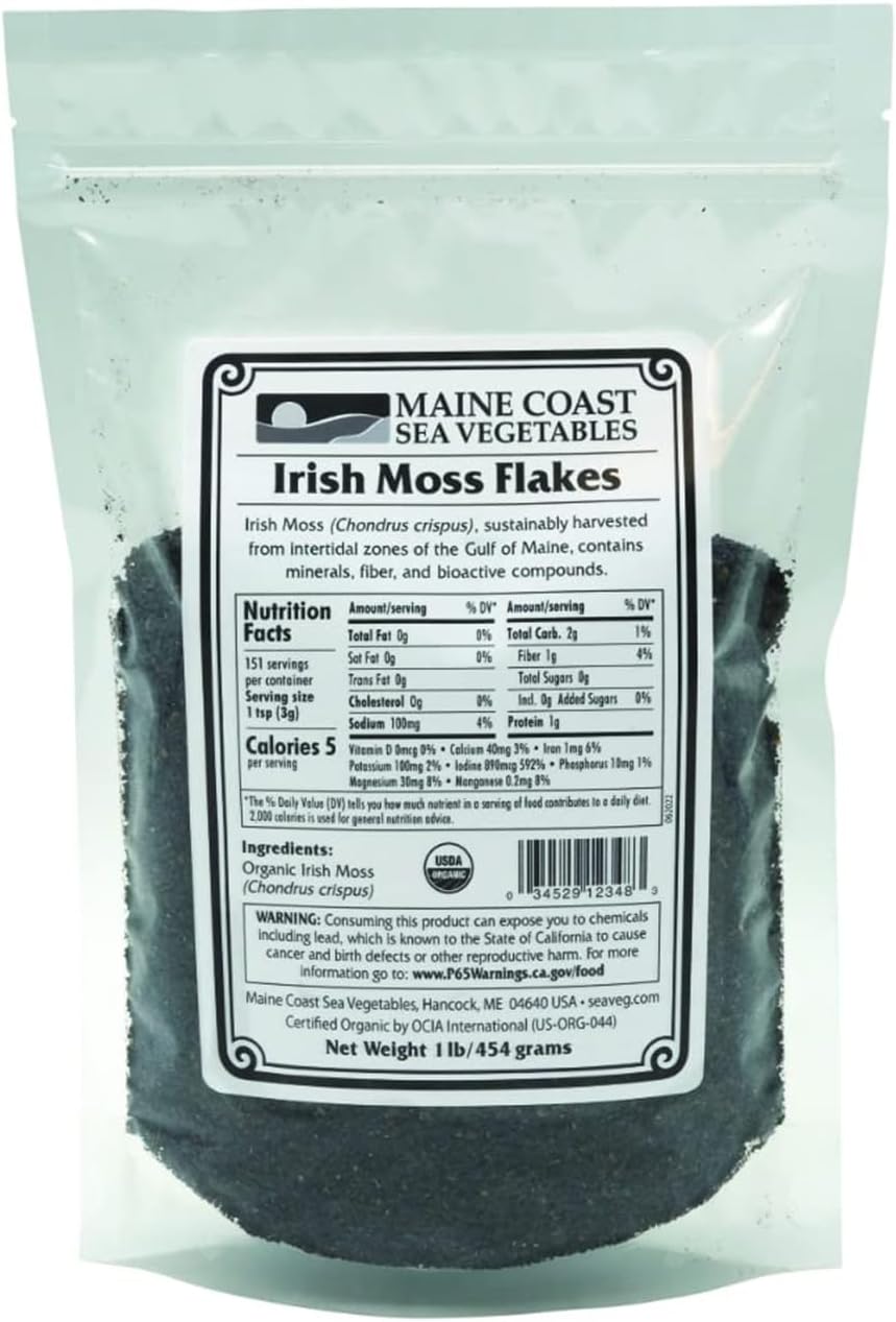 Maine Coast Sea Vegetables Irish Moss Flakes (Chondrus Crispus) | Organic Irish Moss for Cooking & Brewing | Dried Seaweed | Vegan Gelatin Alternative | Dried Irish Moss Flakes | 1 Lb Resealable Bag