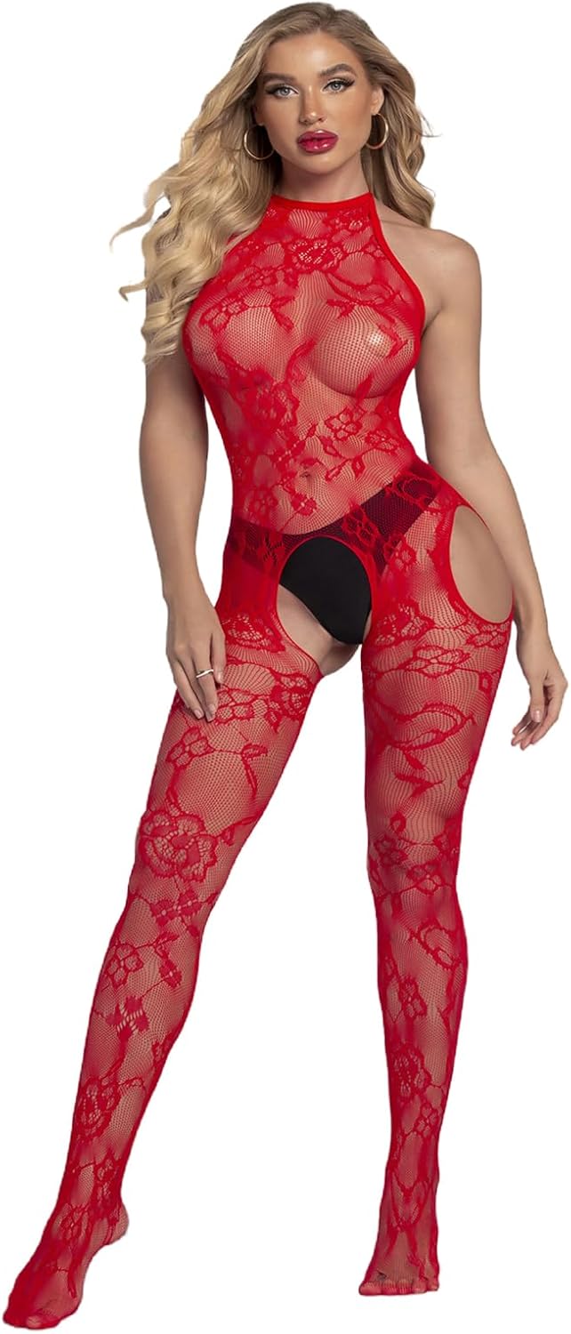 Sexy Women's Fishnet Bodystocking Lingerie Set Floral High Elasticity Cutout Spaghetti Strap Hollow One Size Fits All